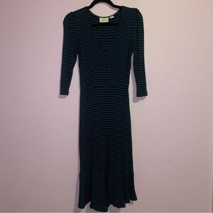 Anthropologie Maeve XS Midi Dress Blue Green Stripe 3/4 Sleeve